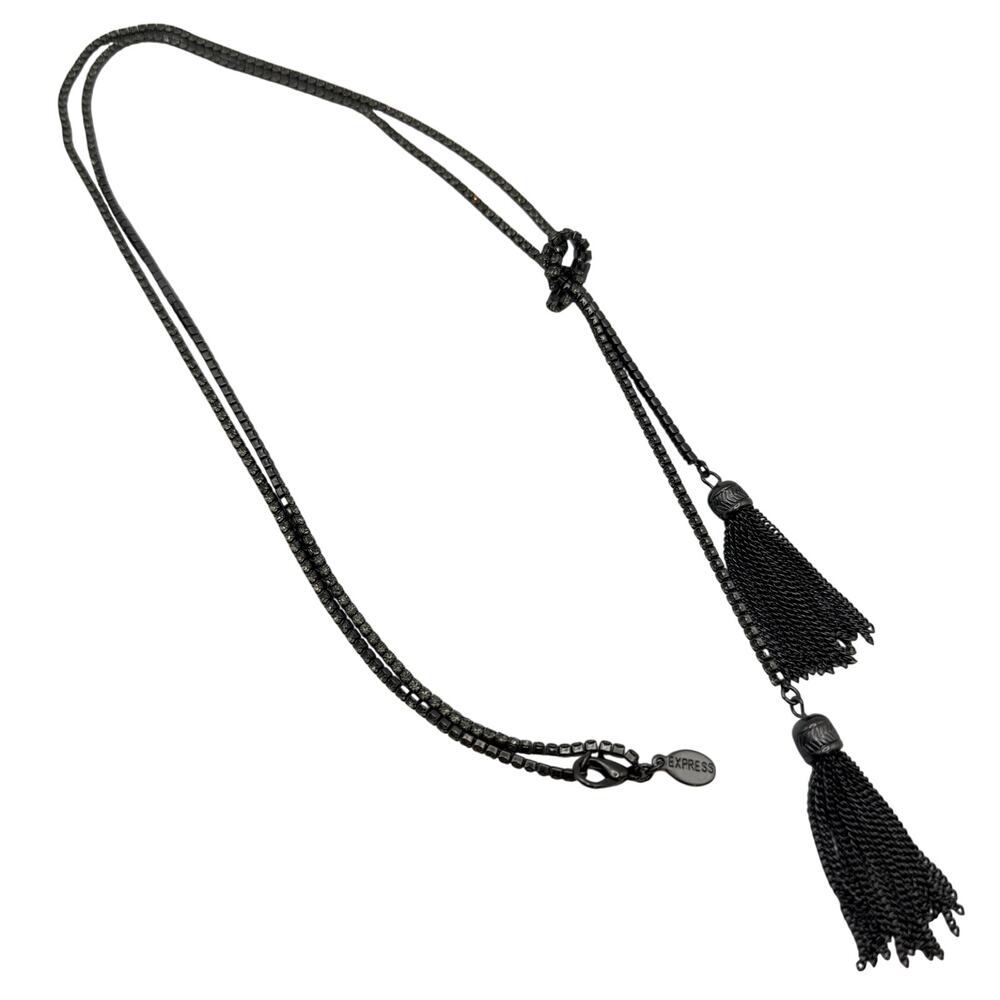 3/$25 - Express Gunmetal Tassel Necklace Double Chain Statement - Picture 2 of 5